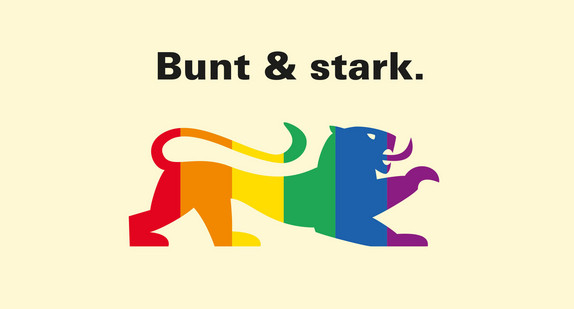 Bunt gestreifter Löwenumriss, darüber Titel „Bunt und stark“