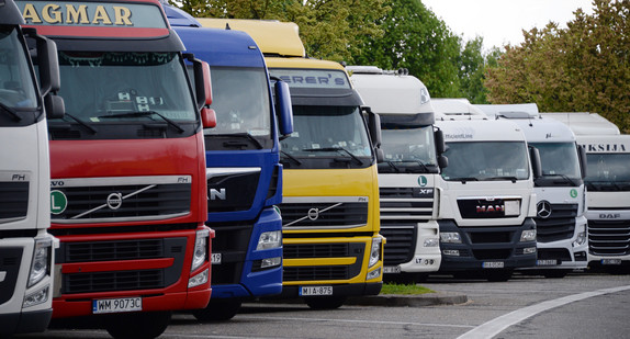 LKWs stehen auf einem Parkplatz. (Bild: © picture alliance/Patrick Seeger/dpa)