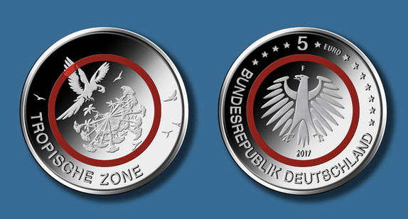  Die 5 Euro-Münze Tropische Zone (Quelle: Bundesamt für zentrale Dienste und offene Vermögensfragen (BADV); Künstlerin: Stefanie Radtke; Leipzig. Fotograf: Hans-Joachim Wuthenow, Berlin)