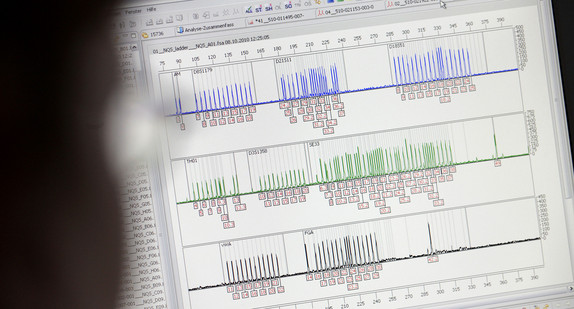 Eine Labormitarbeiterin sieht sich eine DNA-Analyse auf einem Monitor an. (Quelle: © dpa)