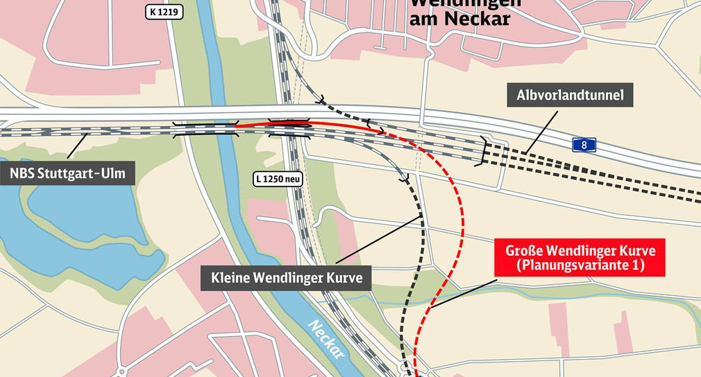 Karte zeigt mehrere Bahnschienen und mögliche Planungsvarianten für ein Projekt mit dem Namen Wendlinger Kurve.