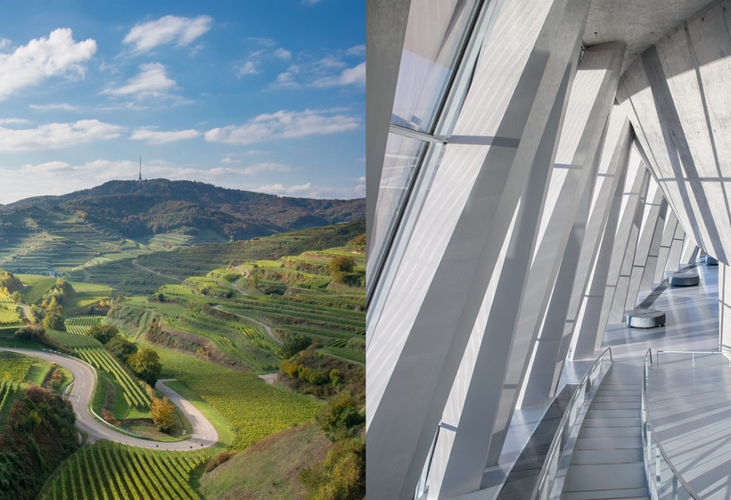 Passhöhe im Kaiserstuhl (links) und Mercedes-Benz Museum in Stuttgart (rechts)