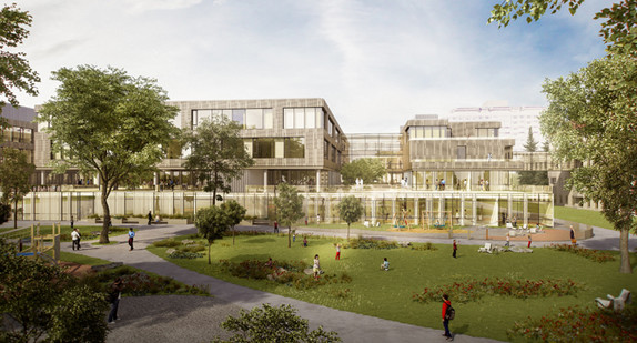 Visualisierung: Neubau des Zentrums für Kinder- und Jugendmedizin der Uniklinik Freiburg, Außenansicht (Quelle: © Health Team Vienna)