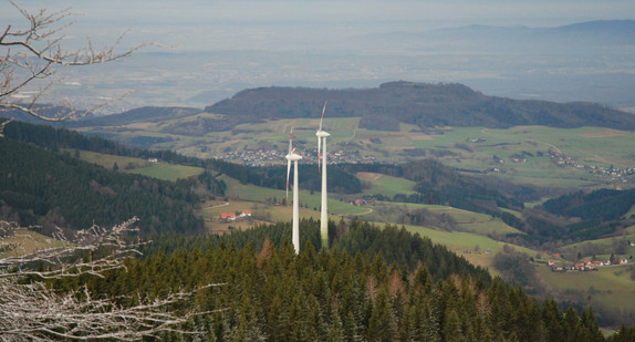 Blick auf zwei Windräder, die im Wald stehen