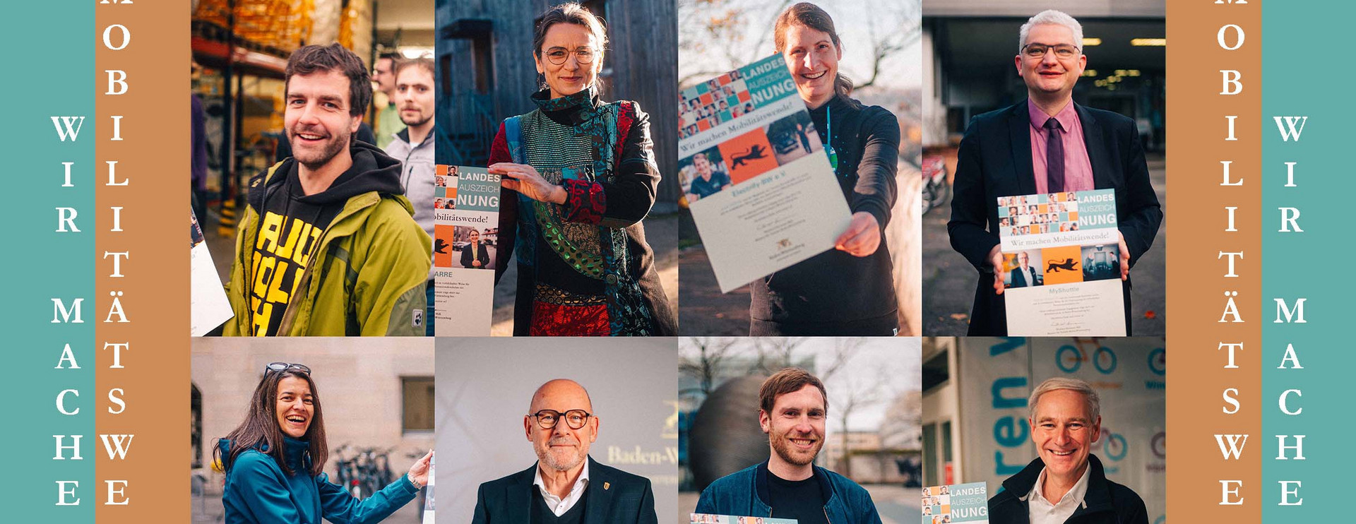 Collage mit Verkehrsminister Hermann und den Gewinnern, die ihre Urkunden halten.