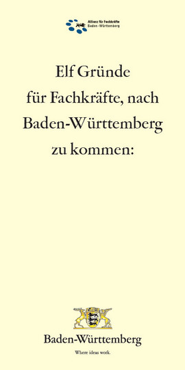 Titel des Faltblatts: 11 Gründe für Fachkräfte, nach Baden-Württemberg zu kommen