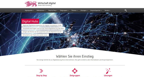 Screenshot der neuen Webseite „Wirtschaft digital Baden-Württemberg“ (Quelle: Ministerium für Wirtschaft, Arbeit und Wohnungsbau Baden-Württemberg)