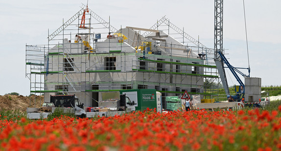 Mohnblüten stehen auf einer Wiese vor einem Rohbau, an dem Handwerker bauen. (Foto: dpa)