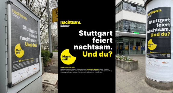 Plakat zur Kampagne „nachtsam. Mit Sicherheit besser feiern“ an einer Litfaßsäule.