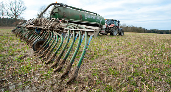 Ein Landwirt bringt Gülle als Dünger auf einem Feld aus. 