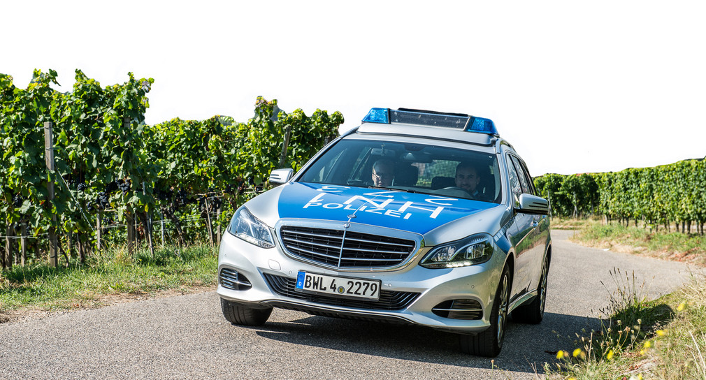 Ein Polizeiauto fährt auf einem Wirtschaftsweg in einem Weinberg.