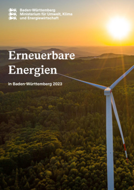 Titelblatt der Broschüre Erneuerbare Energien 2023, Windenergieanlage im Sonnenuntergang