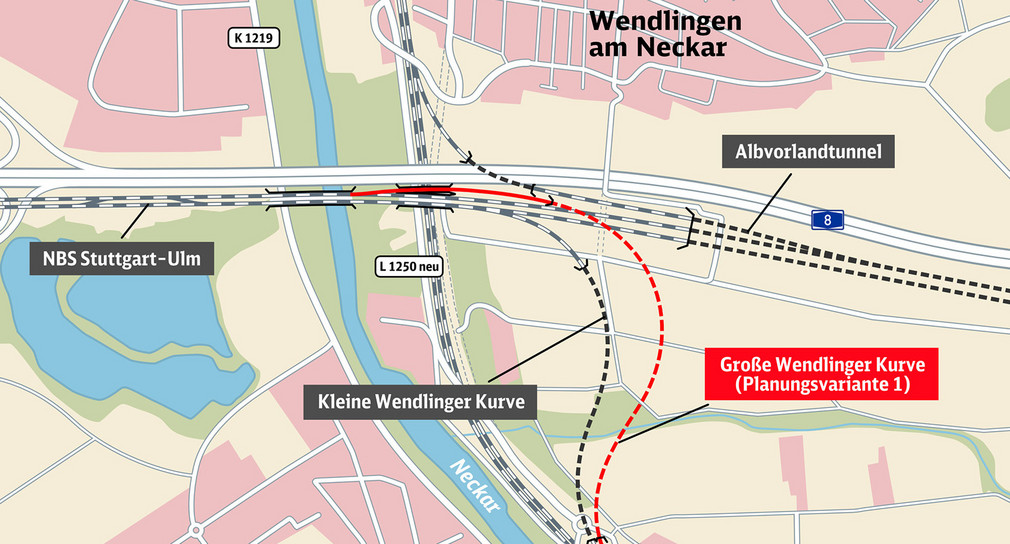 Karte zeigt mehrere Bahnschienen und mögliche Planungsvarianten für ein Projekt mit dem Namen Wendlinger Kurve.