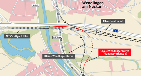 Karte zeigt mehrere Bahnschienen und mögliche Planungsvarianten für ein Projekt mit dem Namen Wendlinger Kurve.