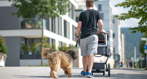 Ein Mann geht mit Kinderwagen und Hund auf einem Gehweg in Heidelberg.