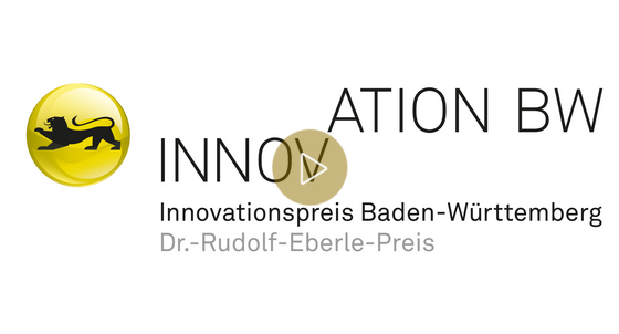 Logo des Dr.-Rudolf-Eberle-Preises: Der Stauferlöwe in einem gelben Kreis steht vor dem Schriftzug „INNOVATION BW – Innovationspreis Baden-Württemberg – Dr.-Rudolf-Eberle-Preis“ auf weißem Hintergrund